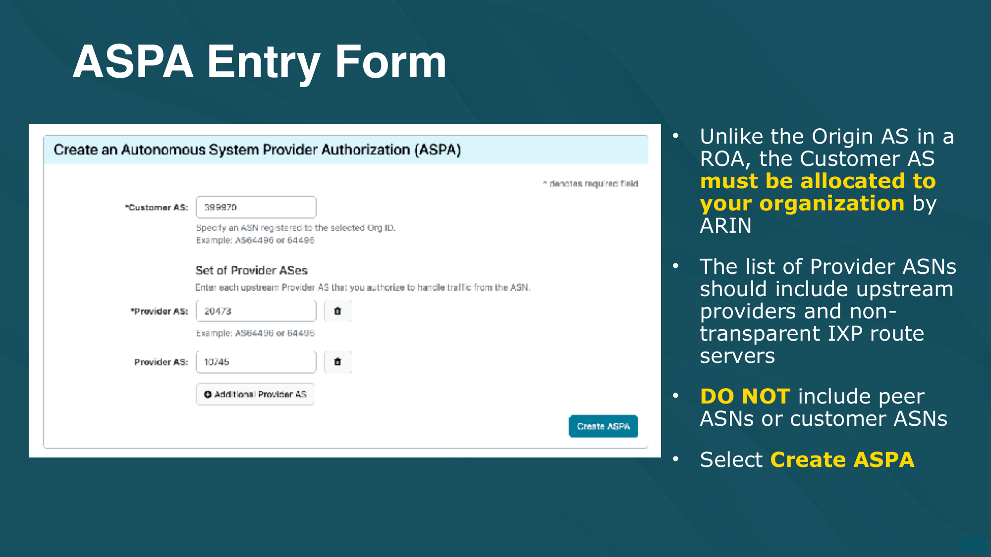 ASPA entry form in ARIN Online: a Customer AS field and a list of Provider ASNs. The lab manual notes: include upstream providers and non-transparent IXP route servers; do NOT include peer ASNs or customer ASNs.