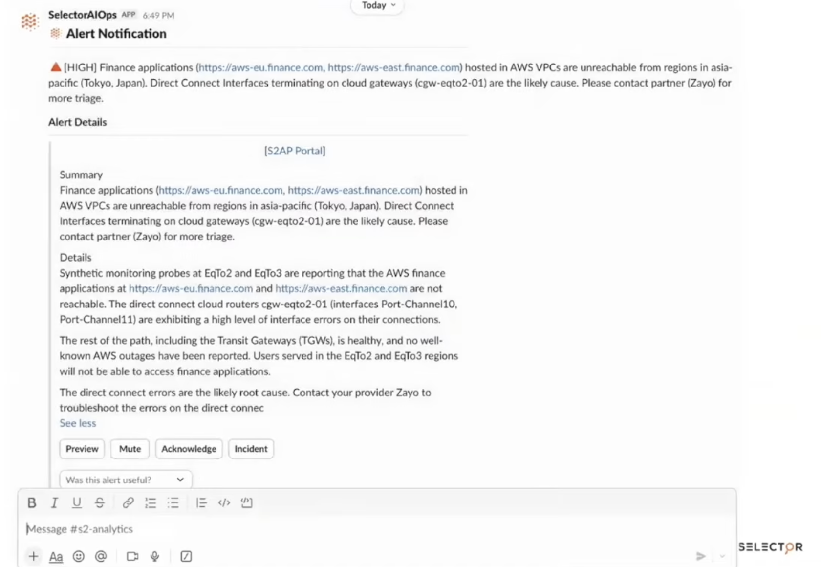 Selector Slack alert: finance applications in AWS Tokyo VPCs unreachable, Direct Connect interfaces terminating on cloud gateways flagged as likely cause