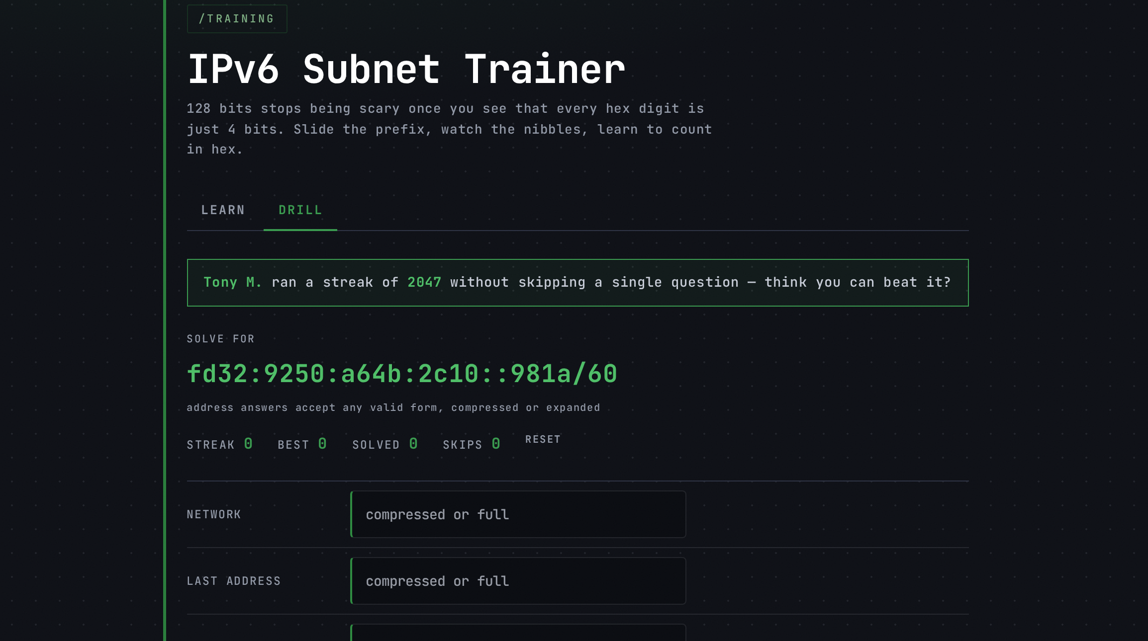 IPv6 Subnet Trainer drill tab showing a shared challenge banner: Tony M. ran a streak of 2047 without skipping a single question — think you can beat it?