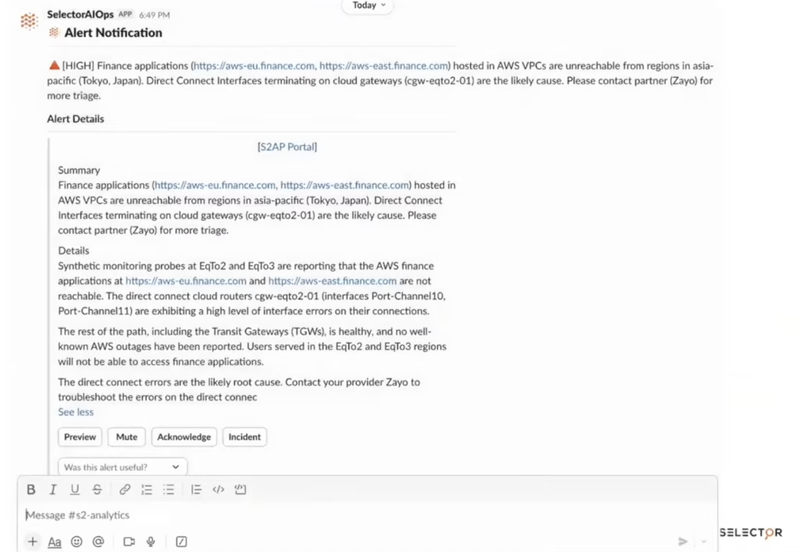 Selector Slack alert: finance applications in AWS Tokyo VPCs unreachable, Direct Connect interfaces terminating on cloud gateways flagged as likely cause